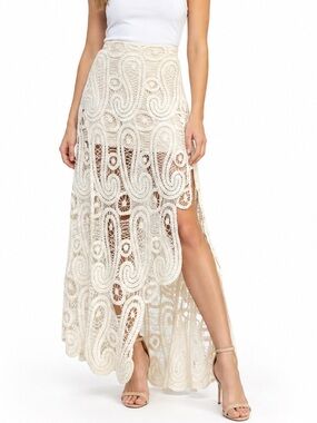 Ultra Pink Cream Lace Maxi Skirt with High Side Slit